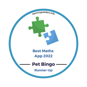 Badge awarding Pet Bingo the runner-up prize in "Best Maths App" category