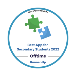 Badge awarding Offtime the runner up prize in "Best App for Secondary Students" category